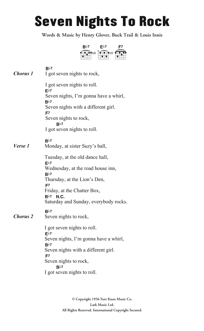 Moon Mullican Seven Nights To Rock sheet music notes and chords arranged for Guitar Chords/Lyrics