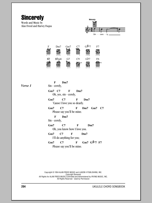 Moonglows Sincerely sheet music notes and chords arranged for Ukulele Chords/Lyrics
