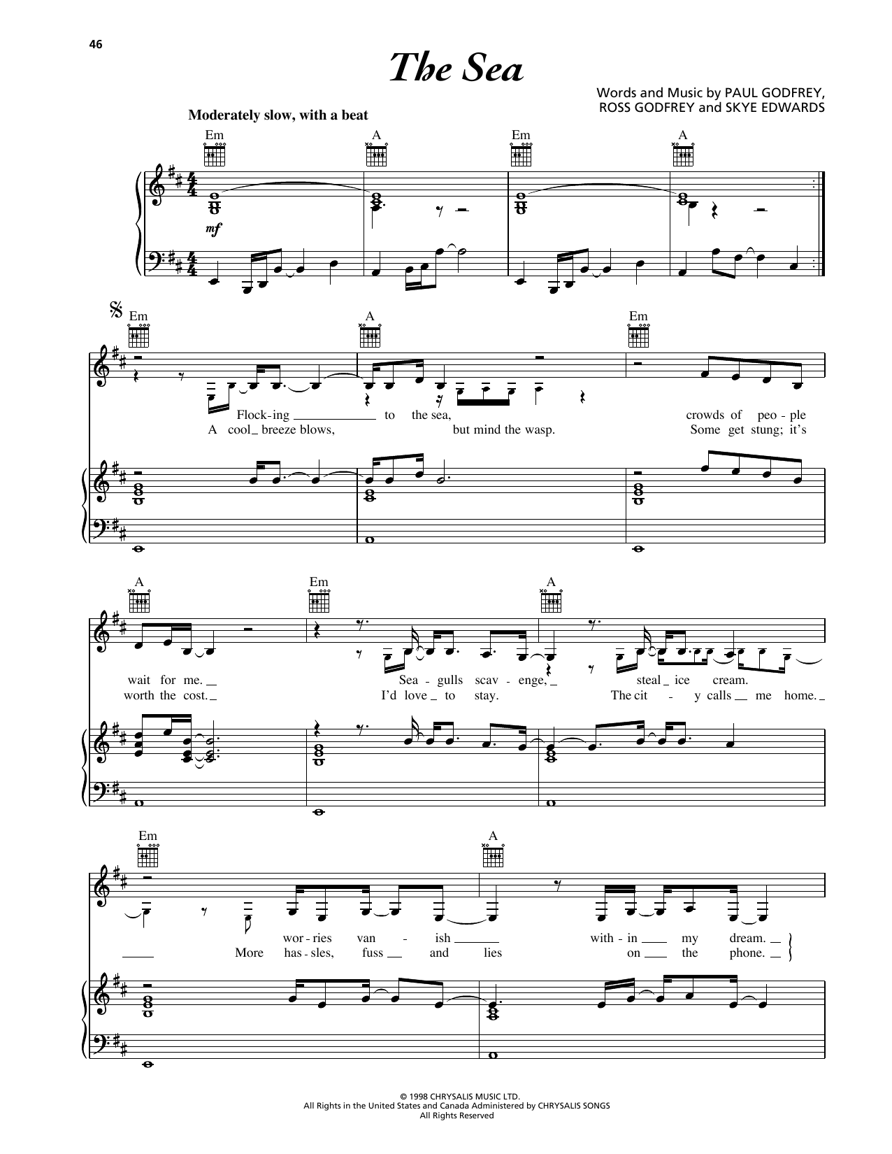 Morcheeba The Sea (MacDowell) sheet music notes and chords arranged for Piano, Vocal & Guitar Chords (Right-Hand Melody)