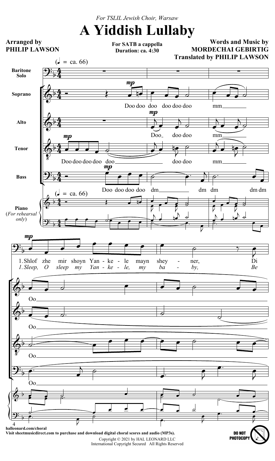 Mordechai Gebirtig A Yiddish Lullaby (arr. Philip Lawson) sheet music notes and chords arranged for SATB Choir