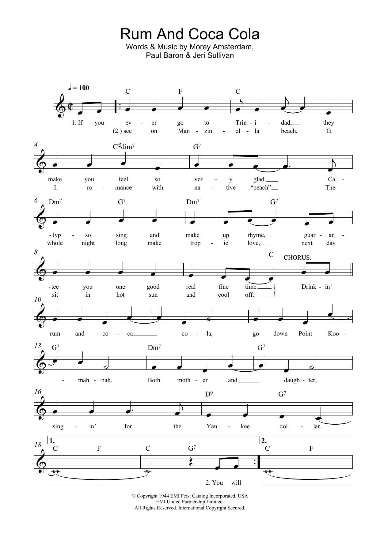 Morey Amsterdam Rum And Coca Cola sheet music notes and chords arranged for Lead Sheet / Fake Book