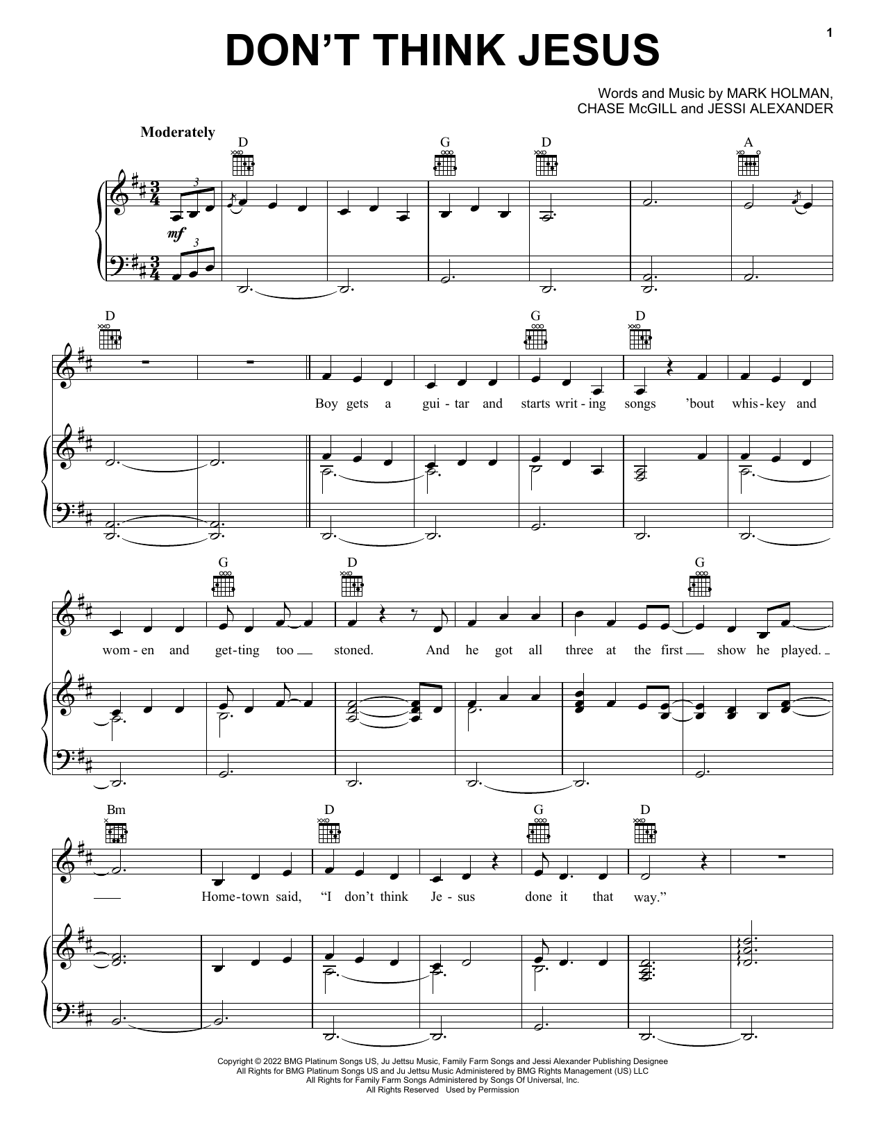 Morgan Wallen Don't Think Jesus sheet music notes and chords arranged for Piano, Vocal & Guitar Chords (Right-Hand Melody)