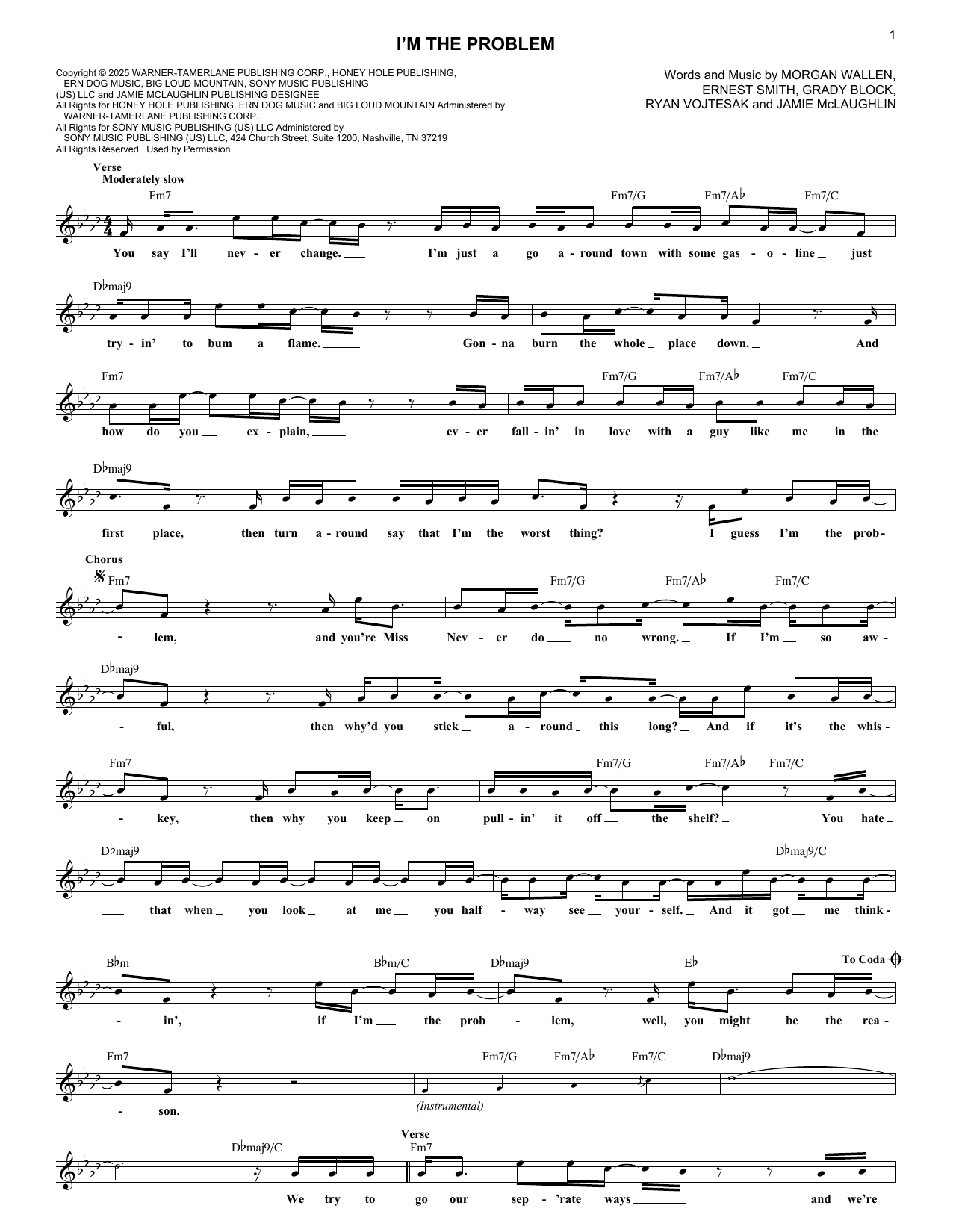 Morgan Wallen I'm The Problem sheet music notes and chords arranged for Lead Sheet / Fake Book