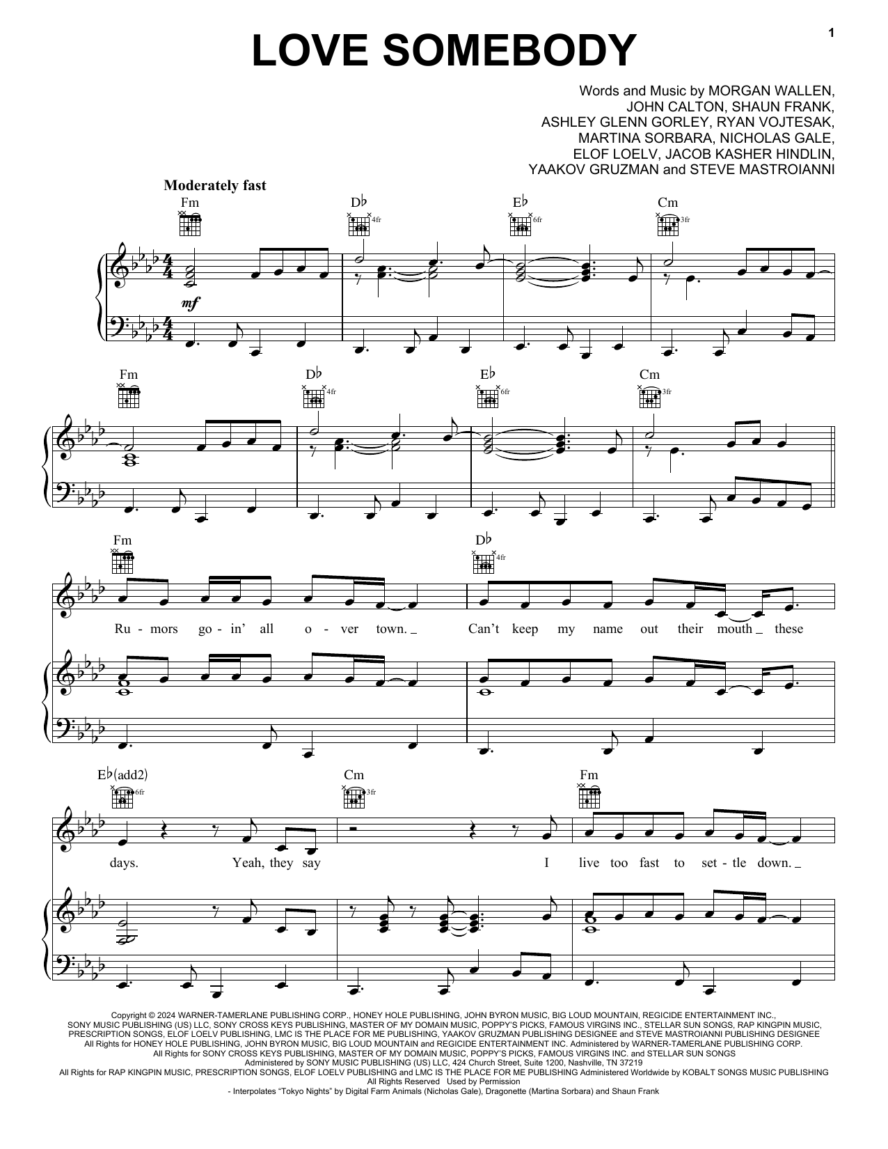 Morgan Wallen Love Somebody sheet music notes and chords arranged for Piano, Vocal & Guitar Chords (Right-Hand Melody)