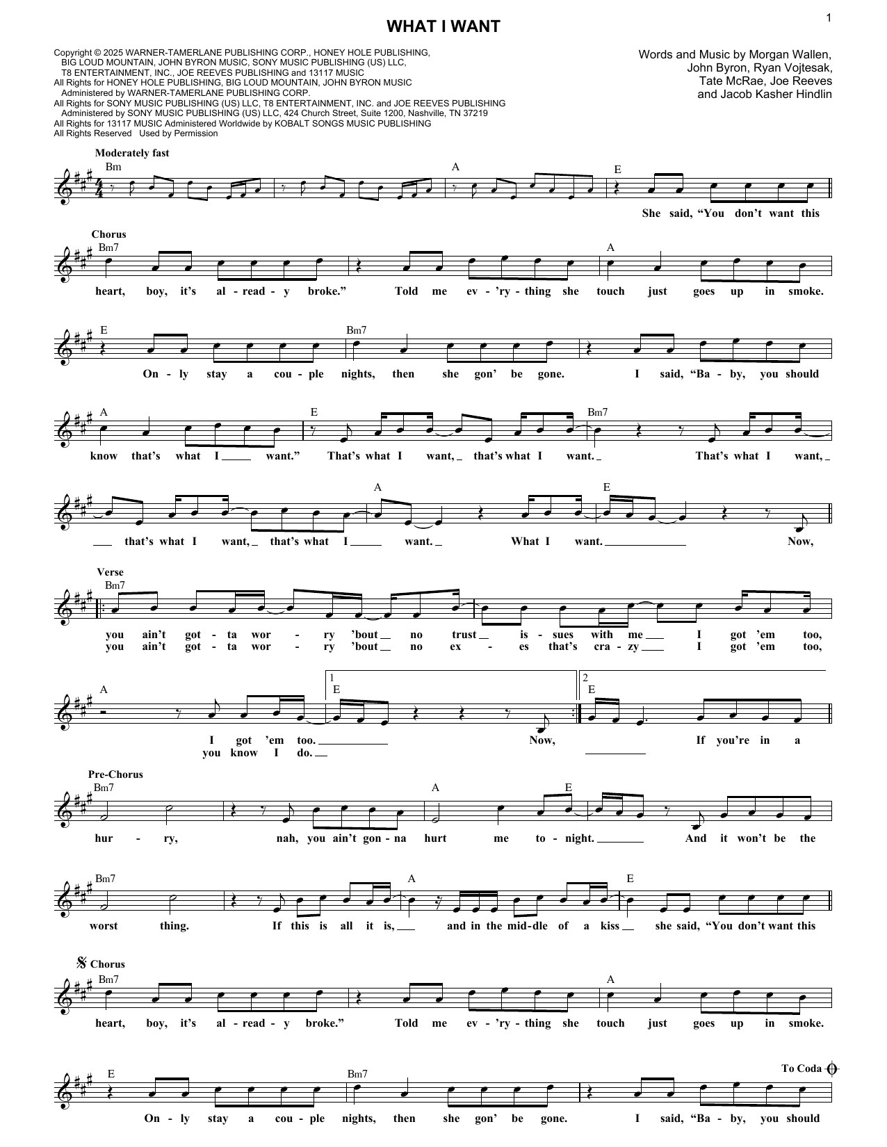 Morgan Wallen What I Want (feat. Tate McRae) sheet music notes and chords arranged for Super Easy Piano