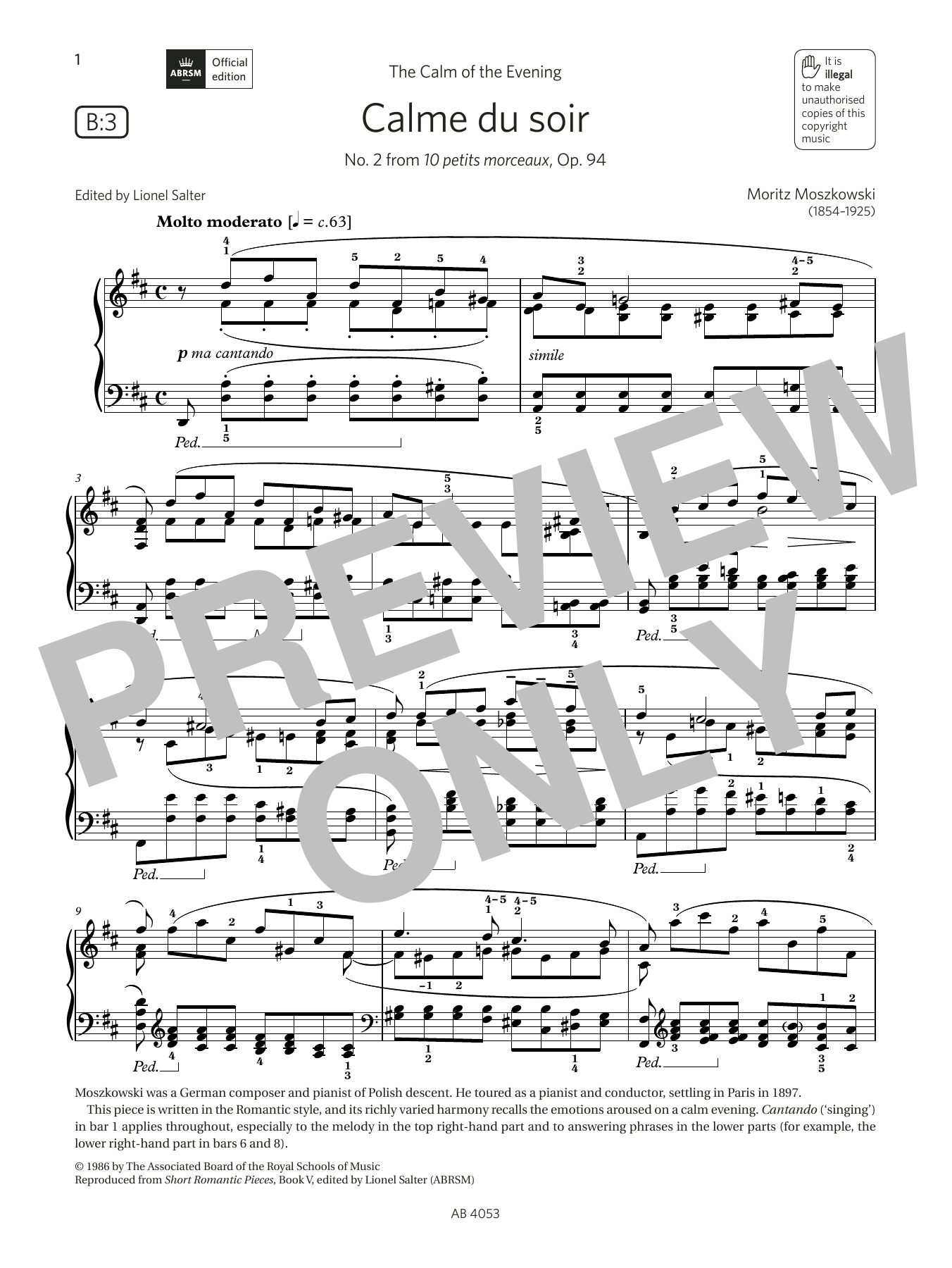 Moritz Moszkowski Calme du soir (Grade 7, list B3, from the ABRSM Piano Syllabus 2023 & 2024) sheet music notes and chords arranged for Piano Solo