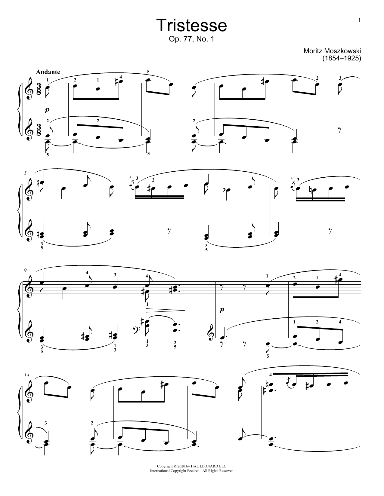 Moritz Moszkowski Tristesse, Op. 77, No. 1 sheet music notes and chords arranged for Educational Piano