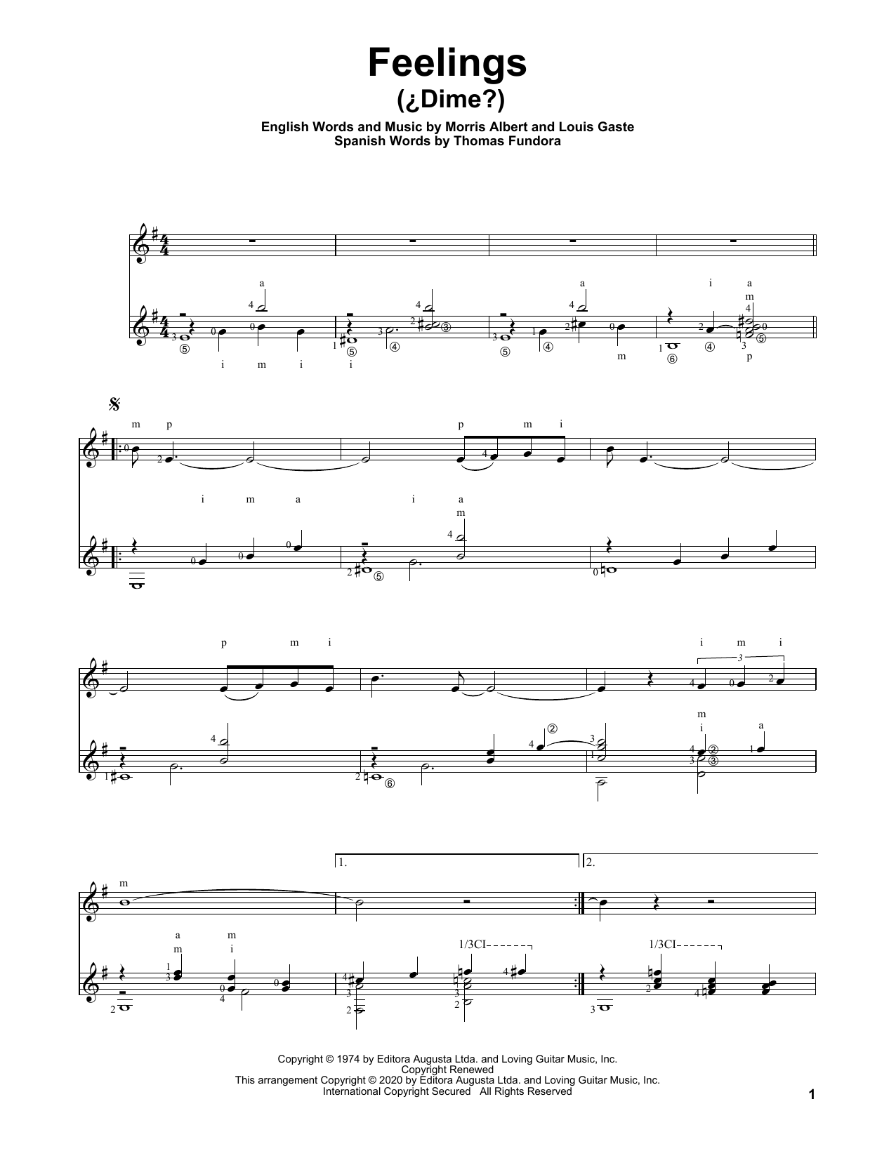 Morris Albert Feelings (¿Dime?) sheet music notes and chords arranged for Solo Guitar