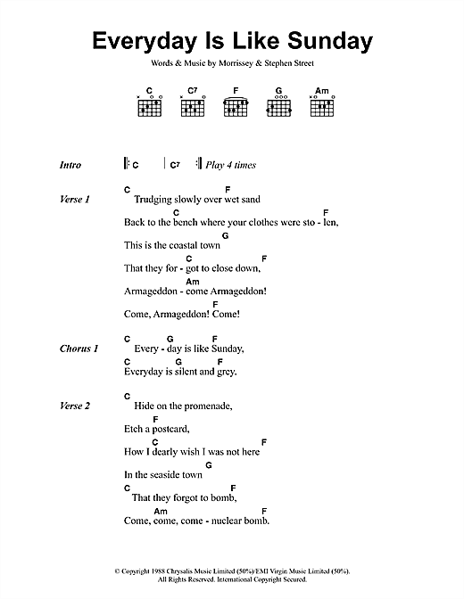 Morrissey Everyday Is Like Sunday sheet music notes and chords arranged for Guitar Chords/Lyrics