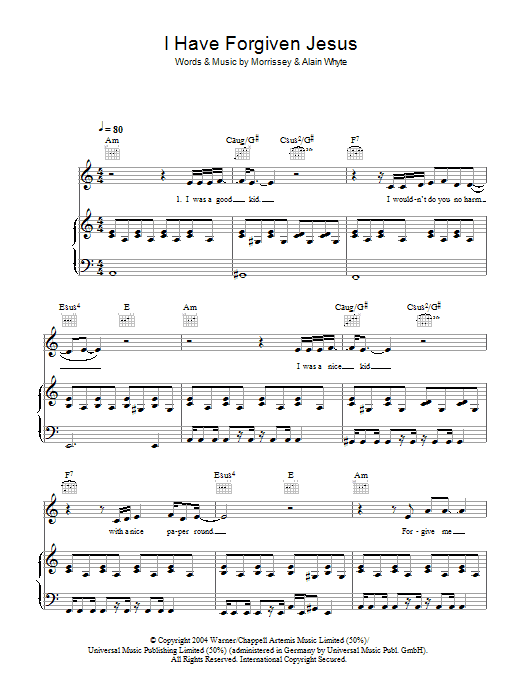 Morrissey I Have Forgiven Jesus sheet music notes and chords arranged for Piano, Vocal & Guitar Chords
