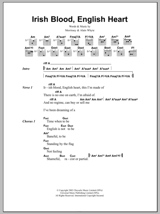 Morrissey Irish Blood, English Heart sheet music notes and chords arranged for Guitar Chords/Lyrics