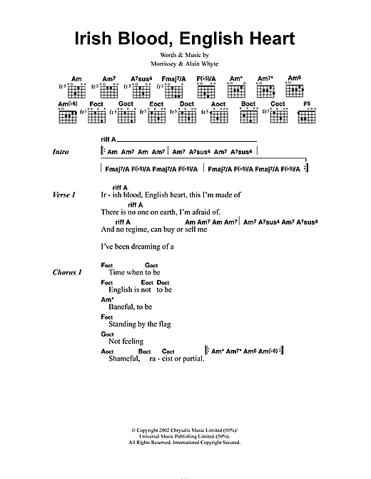 Morrissey Irish Blood, English Heart sheet music notes and chords arranged for Guitar Chords/Lyrics