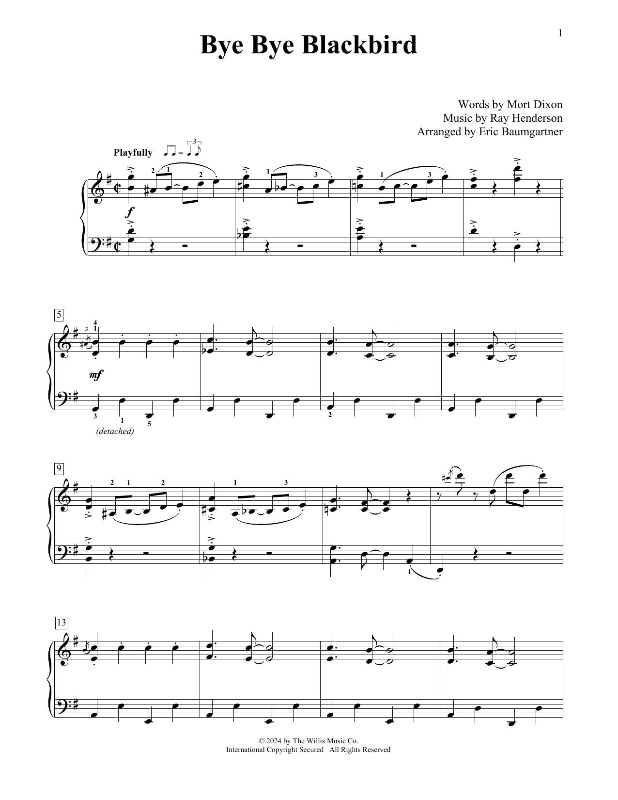 Mort Dixon Bye Bye Blackbird (arr. Eric Baumgartner) sheet music notes and chords arranged for Educational Piano
