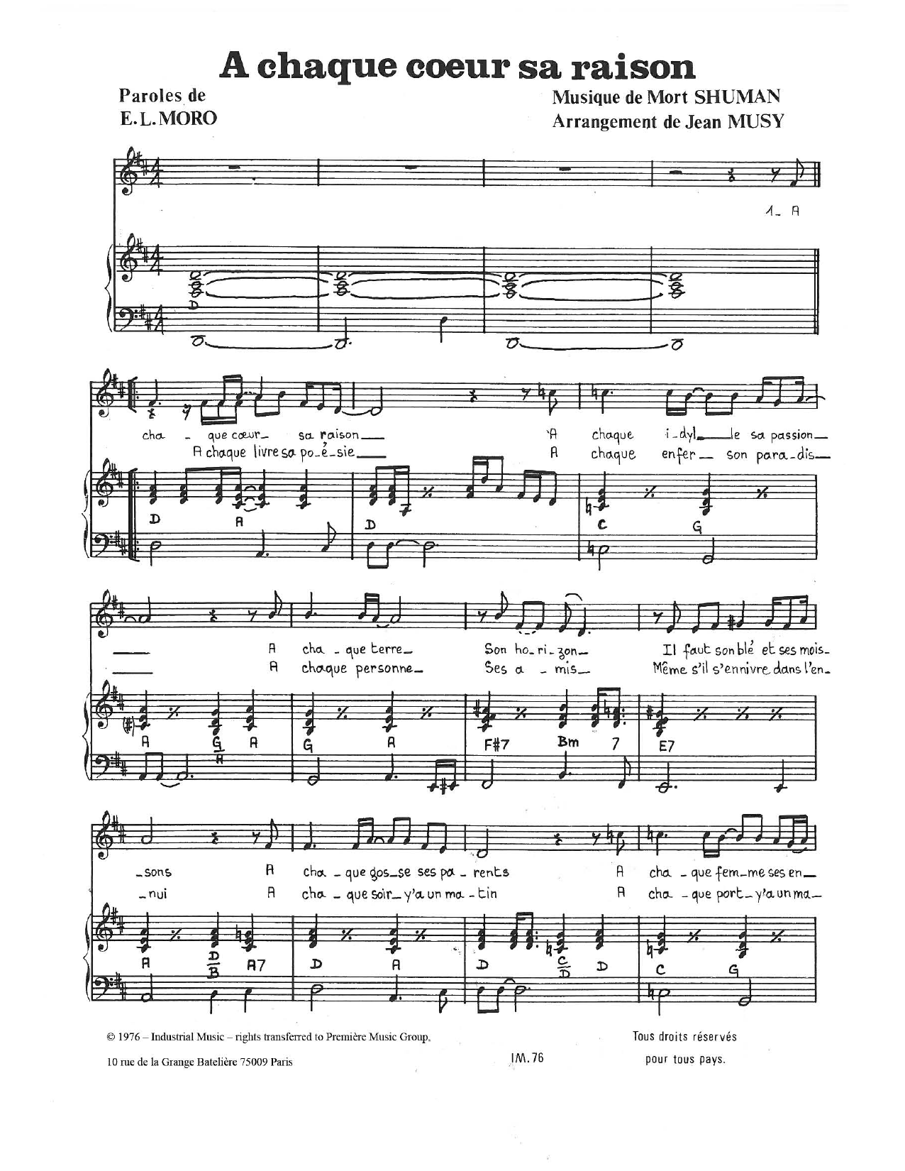 Mort Shuman A Chaque Coeur Sa Raison sheet music notes and chords arranged for Piano & Vocal