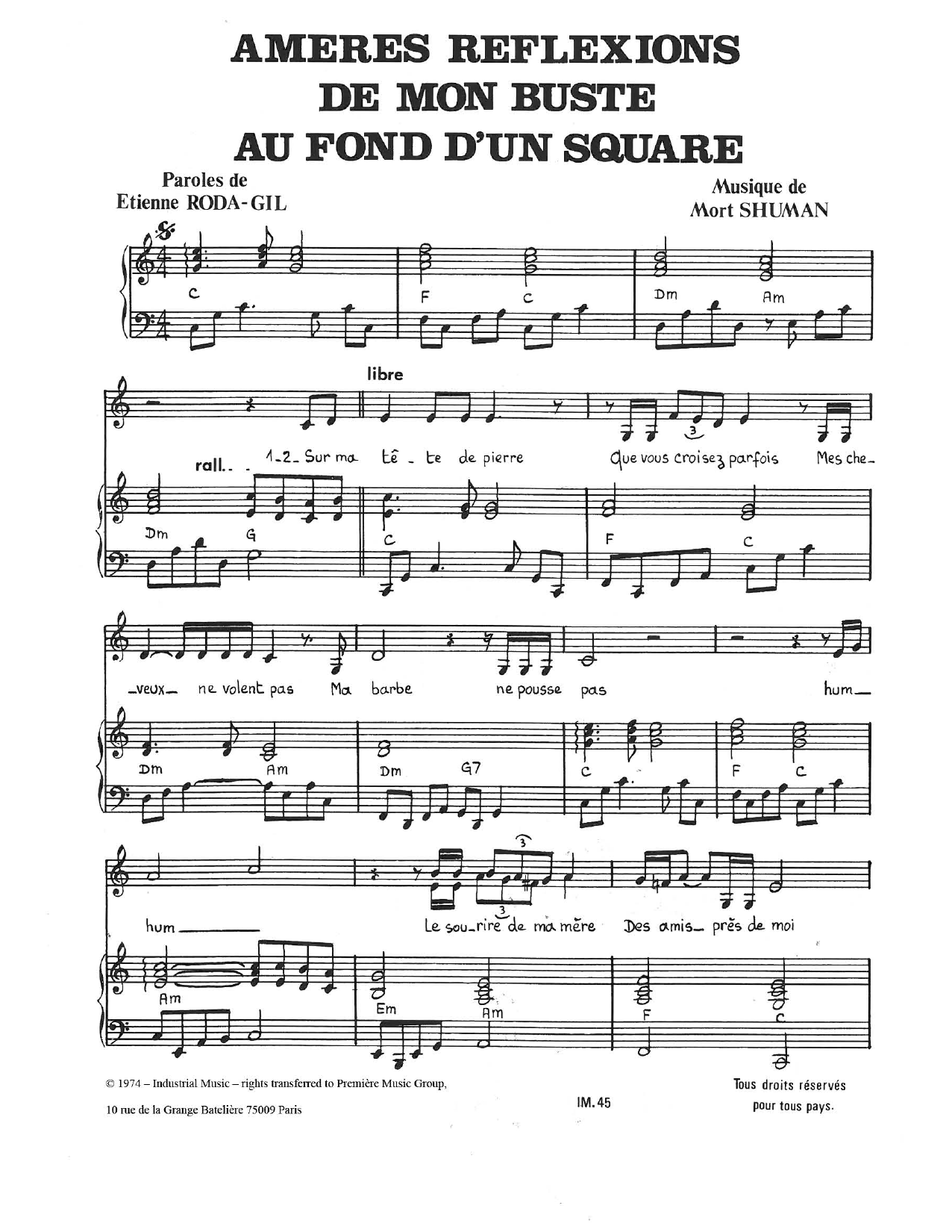 Mort Shuman Ameres Reflexions De Mon Buste Au Fond D'un Square sheet music notes and chords arranged for Piano & Vocal