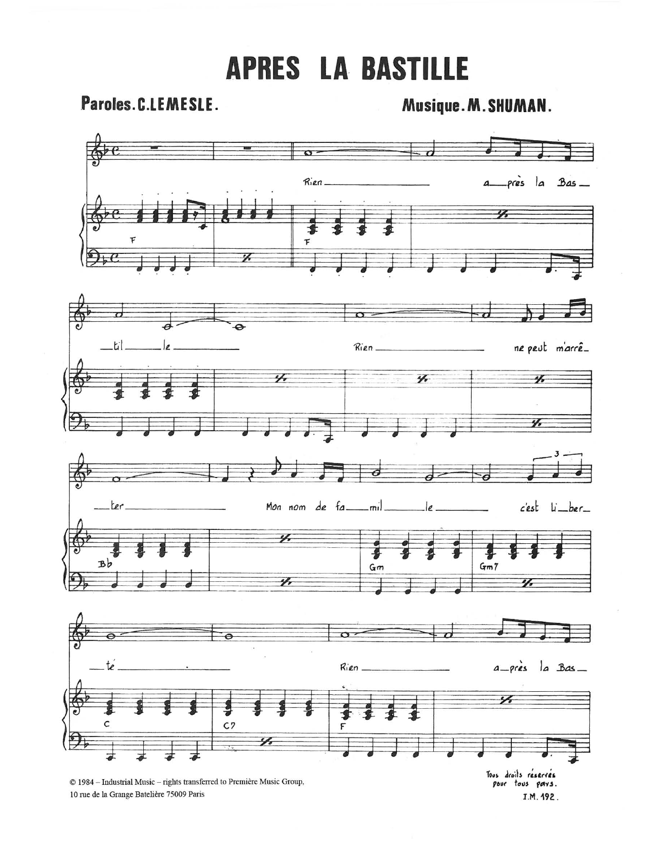 Mort Shuman Apres La Bastille sheet music notes and chords arranged for Piano & Vocal