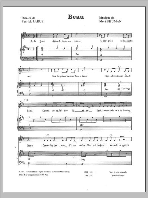 Mort Shuman Beau sheet music notes and chords arranged for Piano, Vocal & Guitar Chords