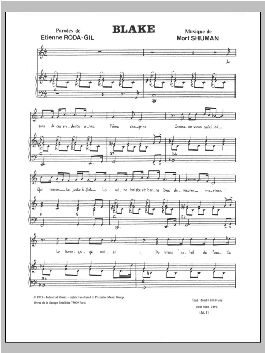 Mort Shuman Blake sheet music notes and chords arranged for Piano, Vocal & Guitar Chords