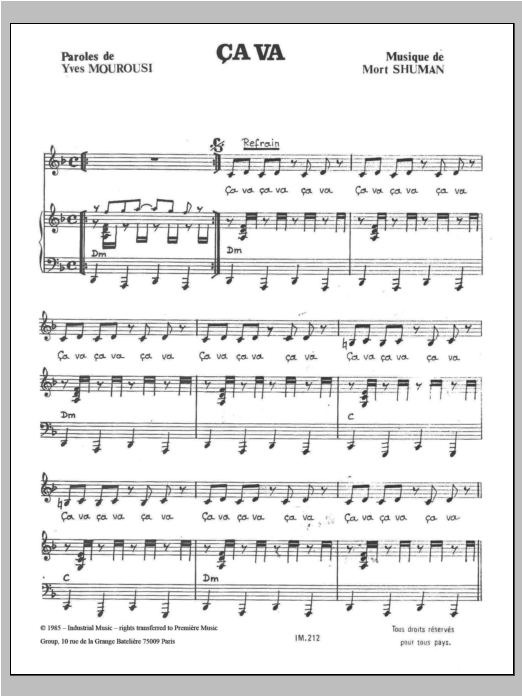 Mort Shuman Ca Va sheet music notes and chords arranged for Piano, Vocal & Guitar Chords