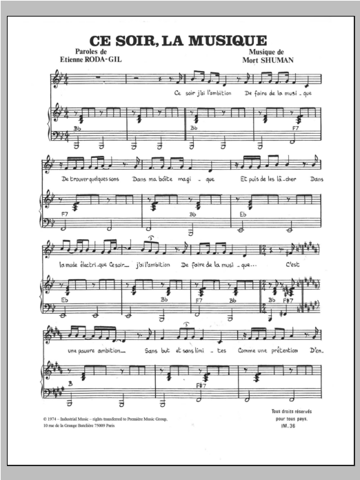 Mort Shuman Ce Soir La Musique sheet music notes and chords arranged for Piano, Vocal & Guitar Chords