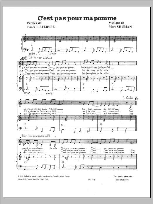 Mort Shuman C'est Pas Pour Ma Pomme sheet music notes and chords arranged for Piano, Vocal & Guitar Chords
