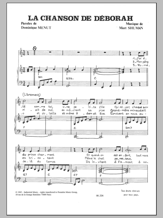 Mort Shuman Chanson De Deborah sheet music notes and chords arranged for Piano & Vocal
