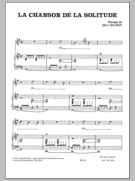 Mort Shuman Chanson De La Solitude sheet music notes and chords arranged for Piano & Vocal