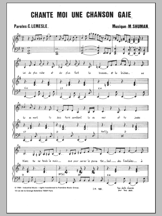 Mort Shuman Chante Moi Une Chanson Gaie sheet music notes and chords arranged for Piano & Vocal