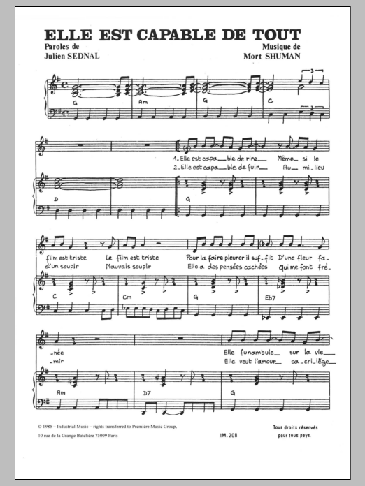 Mort Shuman Elle Est Capable De Tout sheet music notes and chords arranged for Piano & Vocal