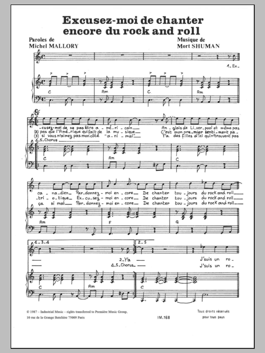 Mort Shuman Excusez-Moi De Chanter Encore Du Rock And Roll sheet music notes and chords arranged for Piano & Vocal