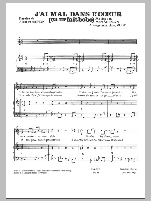 Mort Shuman J'ai Mal Dans L'coeur (Ca Me Fait Bobo) sheet music notes and chords arranged for Piano & Vocal