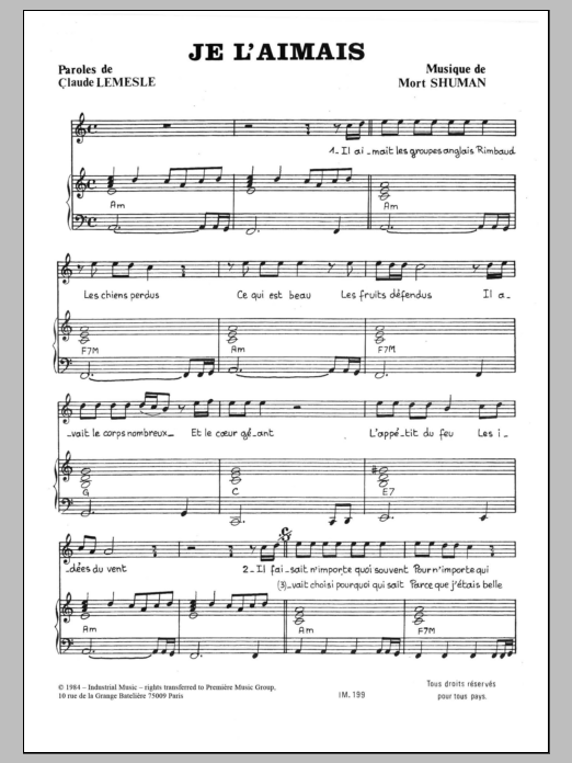 Mort Shuman Je L'aimais sheet music notes and chords arranged for Piano & Vocal