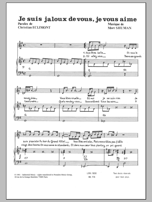 Mort Shuman Je Suis Jalouz De Vous Et Je Vous Aime sheet music notes and chords arranged for Piano & Vocal