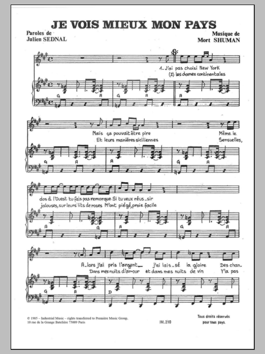 Mort Shuman Je Vois Mieux Mon Pays sheet music notes and chords arranged for Piano & Vocal