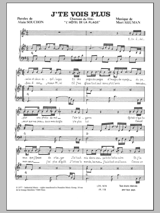 Mort Shuman J'te Vois Plus sheet music notes and chords arranged for Piano & Vocal