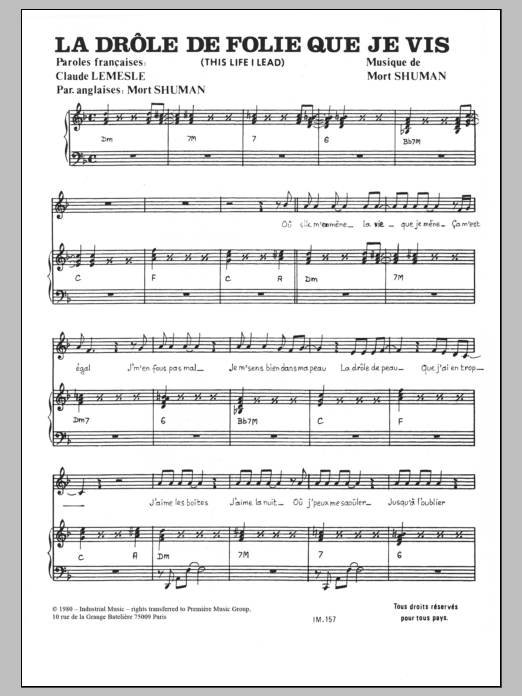 Mort Shuman La Drole De Folie Que Je Vis sheet music notes and chords arranged for Piano & Vocal