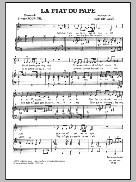Mort Shuman La Fiat Du Pape sheet music notes and chords arranged for Piano & Vocal