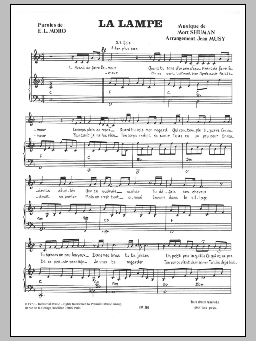 Mort Shuman La Lampe sheet music notes and chords arranged for Piano & Vocal
