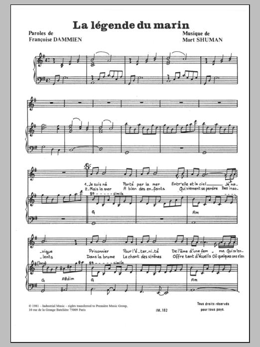 Mort Shuman La Legende Du Marin sheet music notes and chords arranged for Piano & Vocal