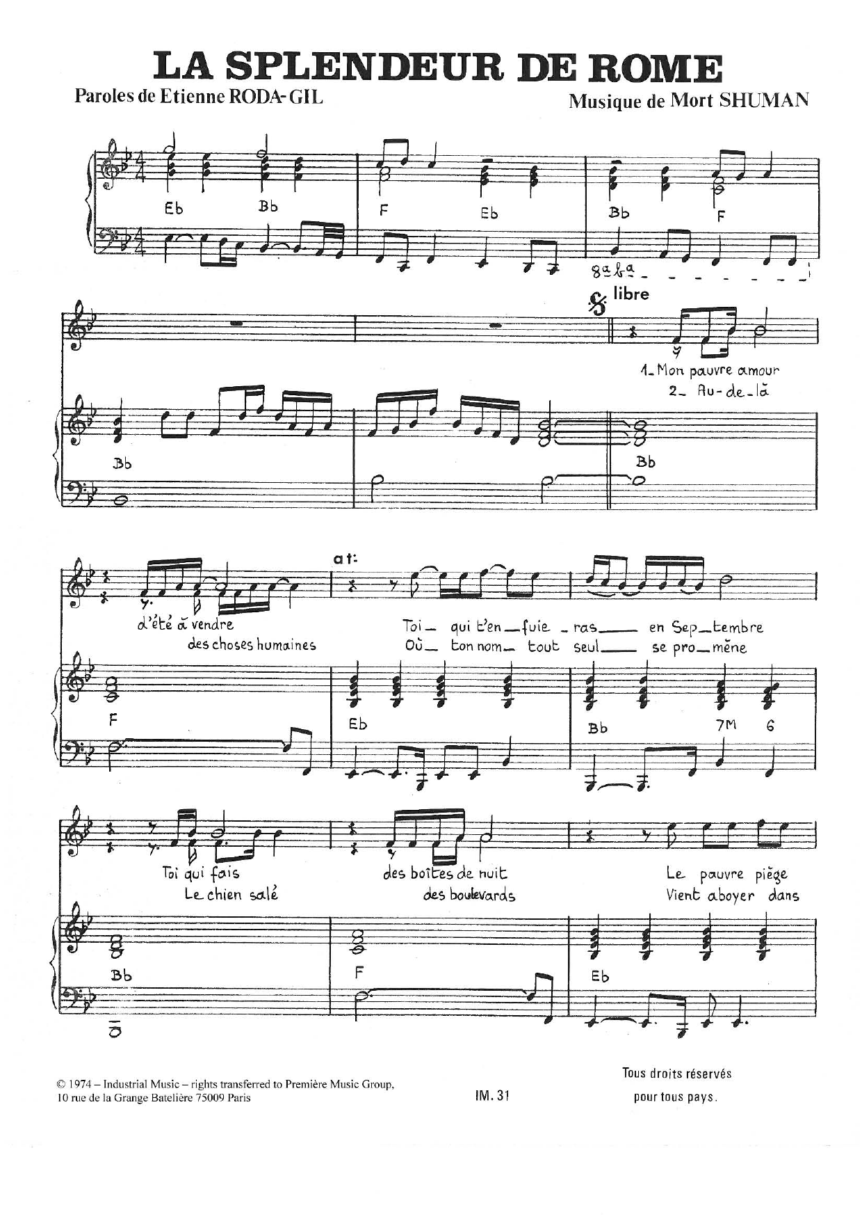 Mort Shuman La Splendeur De Rome sheet music notes and chords arranged for Piano & Vocal