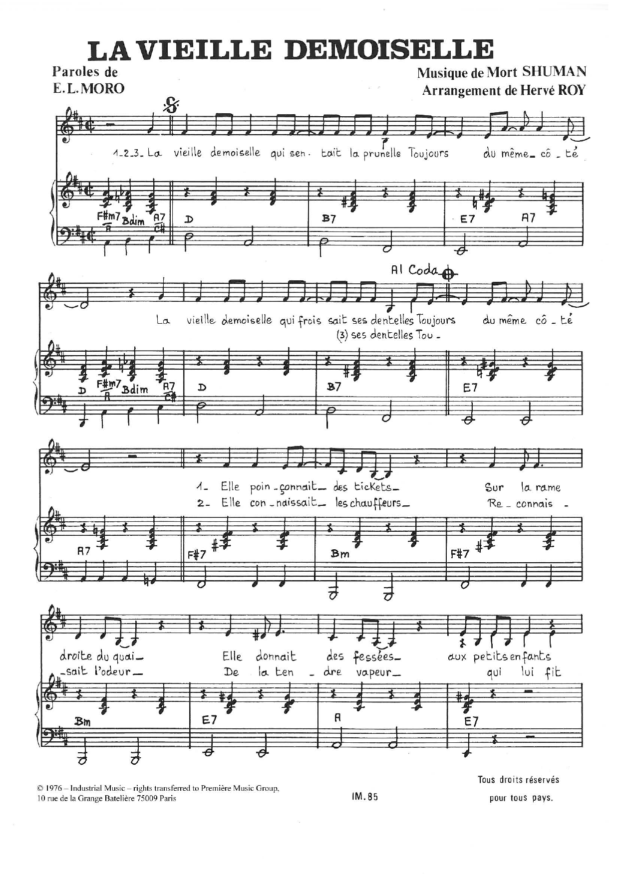 Mort Shuman La Vieille Demoiselle sheet music notes and chords arranged for Piano & Vocal