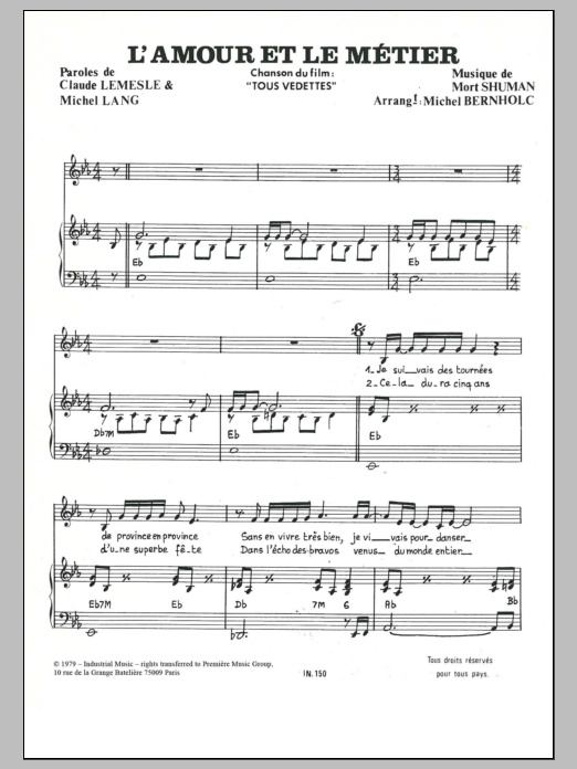 Mort Shuman L'Amour Et Le Metier sheet music notes and chords arranged for Piano & Vocal