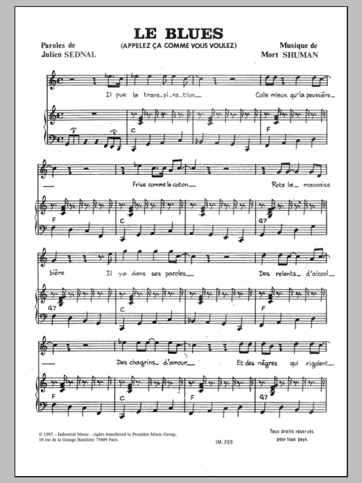 Mort Shuman Le Blues sheet music notes and chords arranged for Piano & Vocal