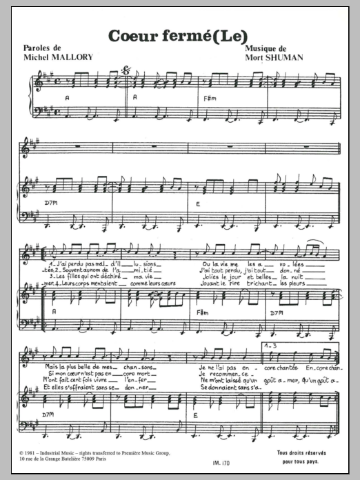 Mort Shuman Le Coeur Ferme sheet music notes and chords arranged for Piano & Vocal
