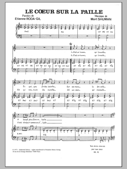 Mort Shuman Le Coeur Sur La Paille sheet music notes and chords arranged for Piano & Vocal