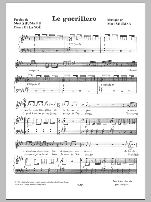Mort Shuman Le Guerillero sheet music notes and chords arranged for Piano & Vocal