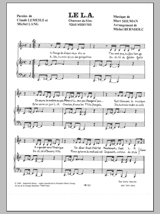 Mort Shuman Le L.A. sheet music notes and chords arranged for Piano & Vocal