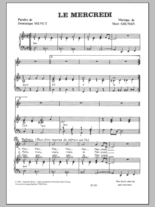 Mort Shuman Le Mercredi sheet music notes and chords arranged for Piano & Vocal