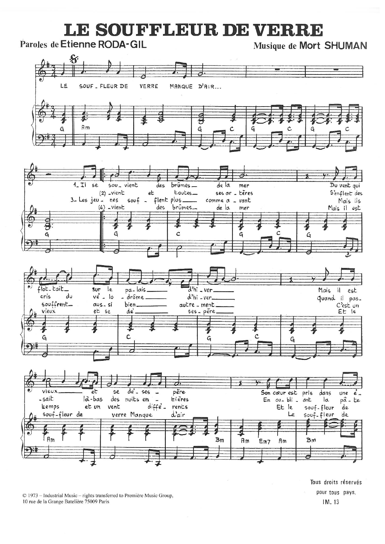 Mort Shuman Le Souffleur De Verre sheet music notes and chords arranged for Piano & Vocal