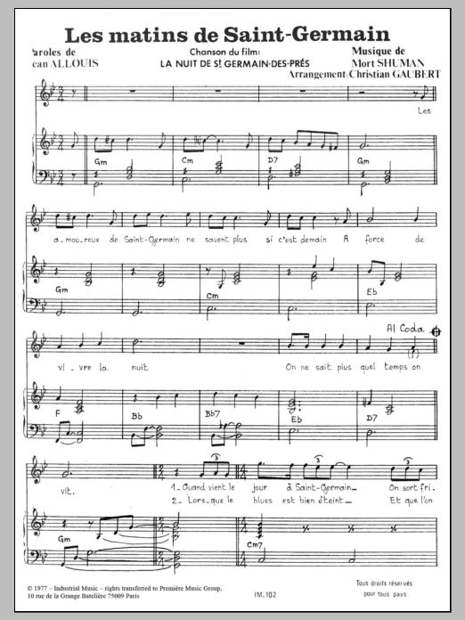Mort Shuman Les Matins De Saint-Germain sheet music notes and chords arranged for Piano & Vocal